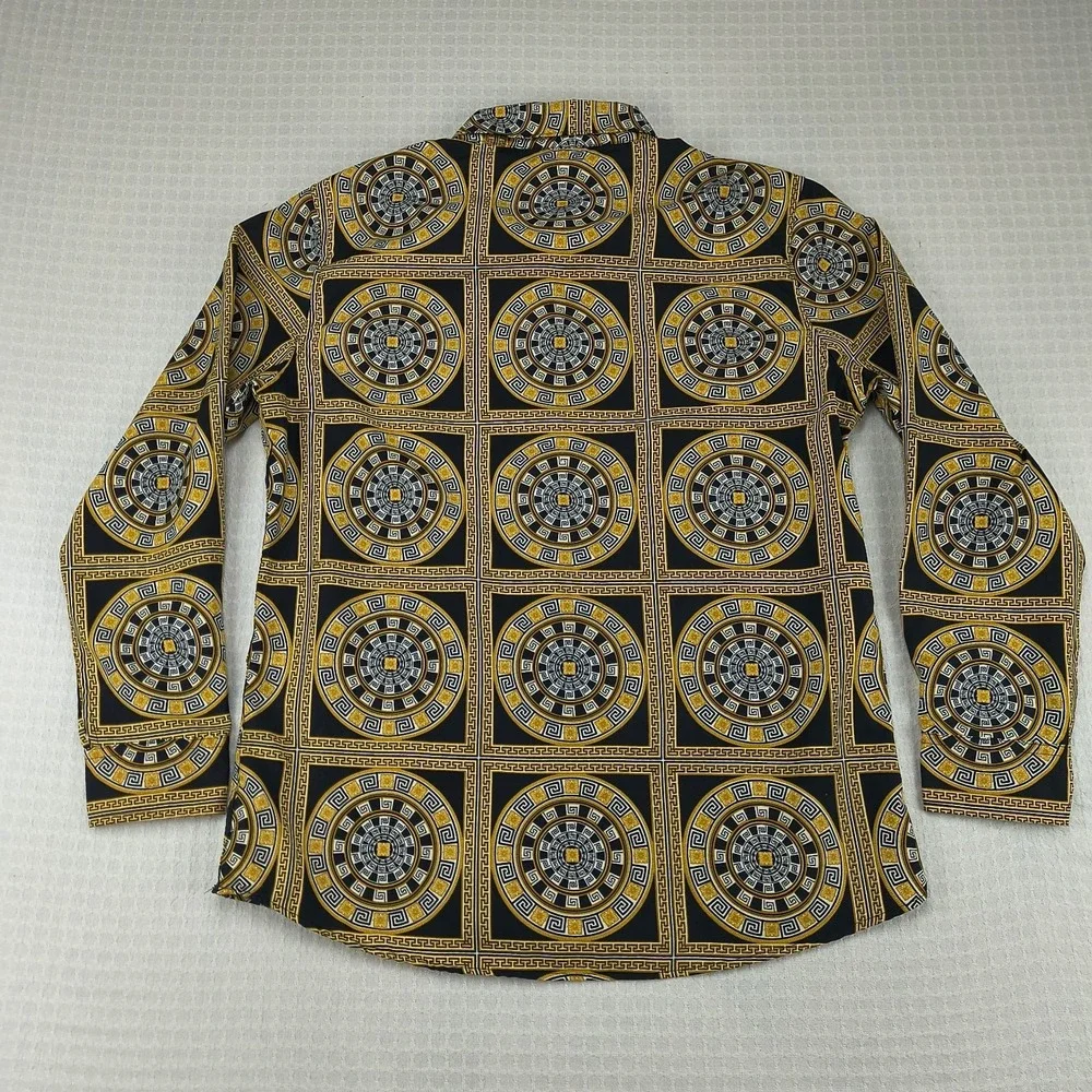 Level Ten Mens Large Black Gold Greek Key Medusa Baroque Print Button Down Shirt